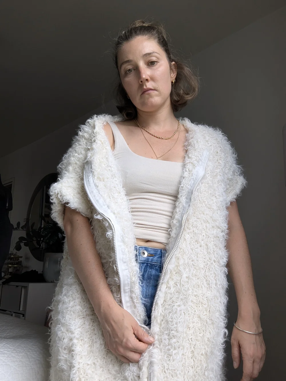 Michael Kors White Curly Mohair Oversized Jacket, Sweater Or Mini Dress